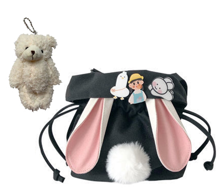 SchöNe Kaninchen Ohren Leinwand Tasche Lolita Mädchen Studenten Kordelzug Tasche Bote Taschen: Schwarz mit Bär