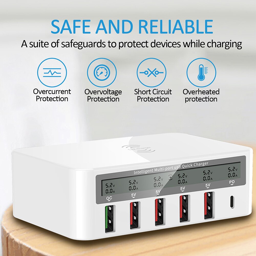 Ilepo 40W 6 Poorten Usb Fast Charger Draadloze Oplader Voor Iphone Samsung Xiaomi Huawei QC3.0 Pd Usb C Quick laadstation