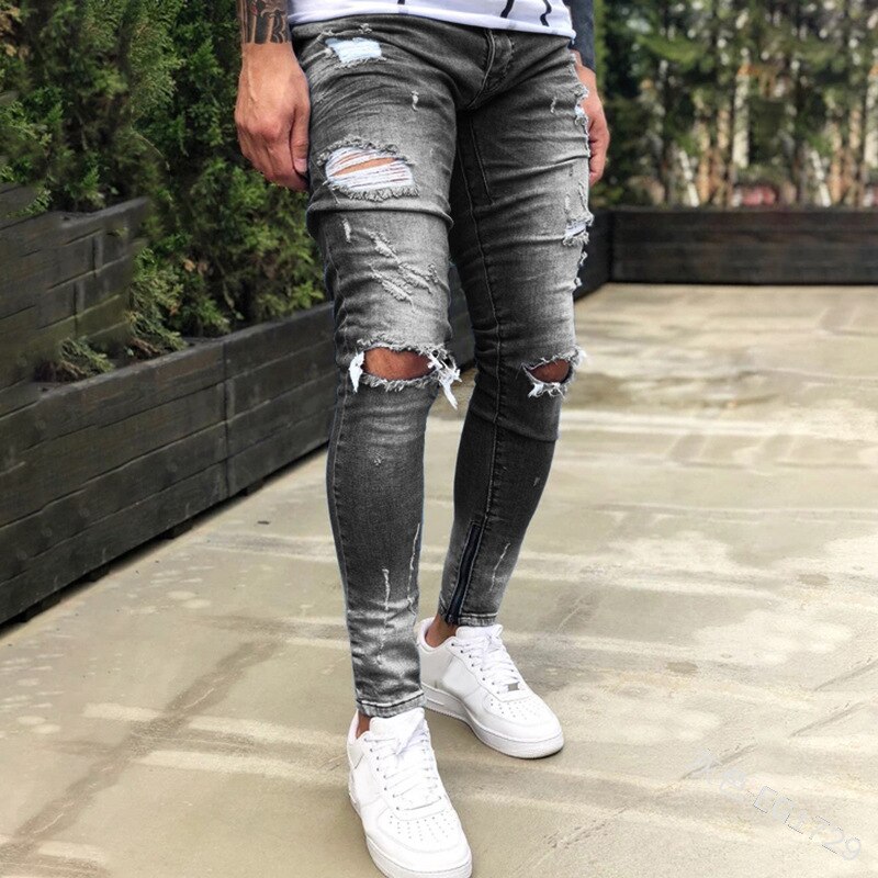 Wepbel lynlås stramme denimbukser plus størrelse huller jeans mænd capri-bukser benåbning midt talje pencil denimbukser: Grå / S