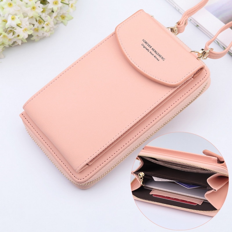 Women Wallet Solid Color PU Leather Shoulder Bag Mobile Phone Big Card Holders Wallet Handbag Crossbody Pockets Girls