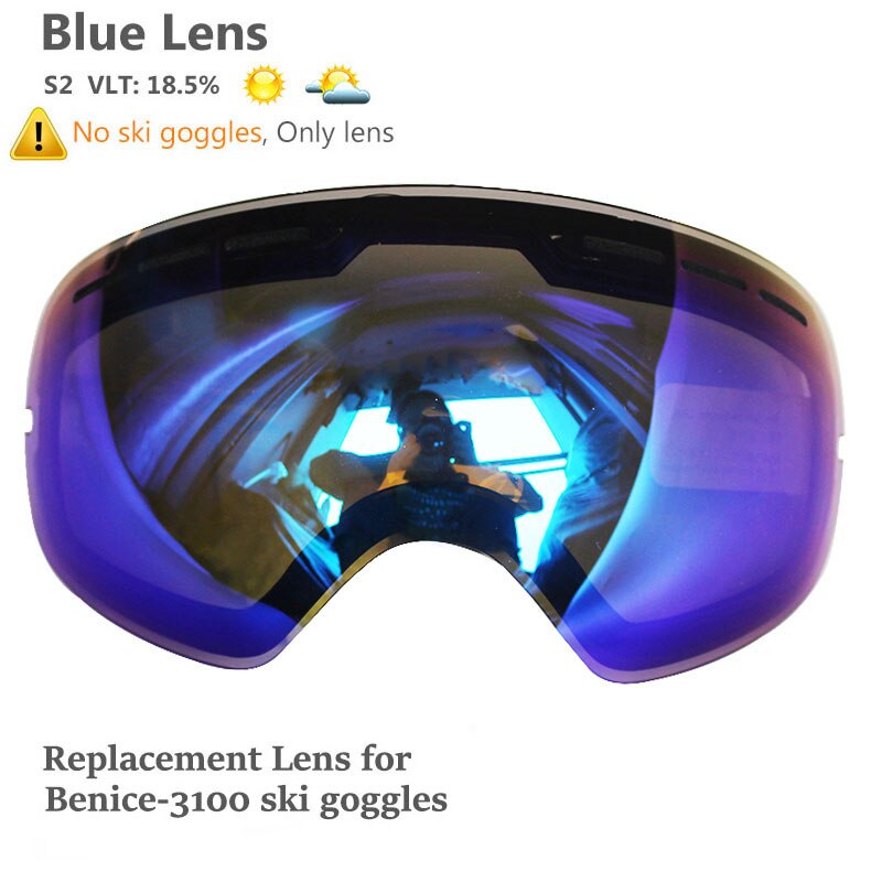 Benice double Layers UV anti-fog lens Men ski goggles big spherical skiing snowboarding snow glasses Eyewear 3100 Set case: Blue Lens Only