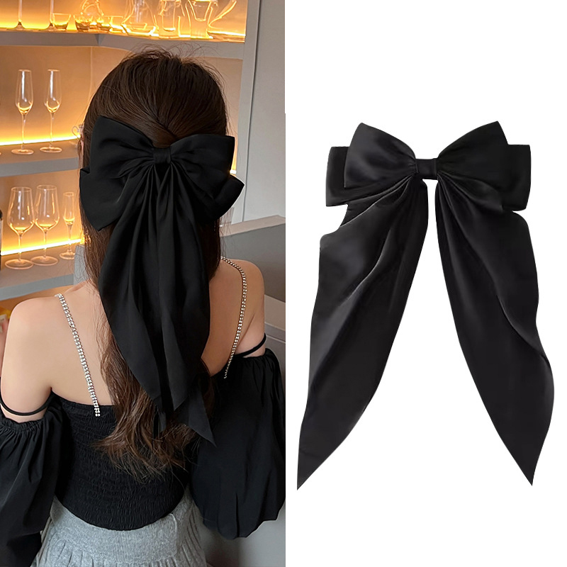 Grampo de cabelo grande laço para mulheres, monocromático cetim rabo de cavalo hairpin, streamer vermelho elegante, acessórios simples para meninas, moda