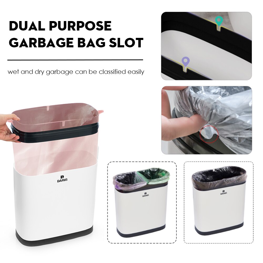 2 IN 1 Slim Plastic Trash Can With Toilet Brush Holder Toilet Narrow Garbage Bin Press Style Bathroom Garbage Bin