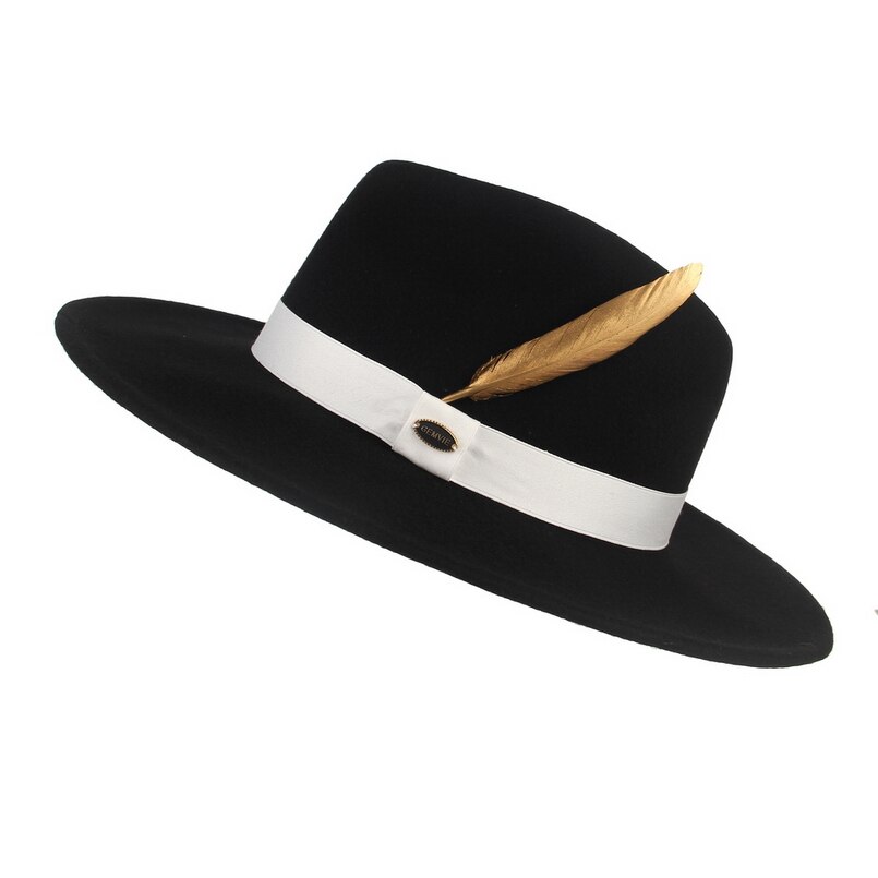 Gemvie stiv bred skygge 100%  uld fedora filthat til kvinder mand stribet fjerbånd efterår vinter panama jazz kasket