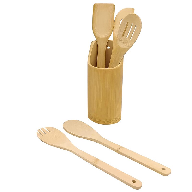 6 Piece Set Bamboo Utensils Set Bamboo Cooking Utensils Wooden Spoons for Cooking Wooden Kitchen Utensil Set: Default Title