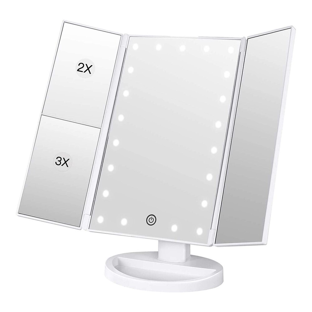 LED Makeup Vanity Mirror Tri-Fold 2X 3X Magnification Touch Dimming Mirror