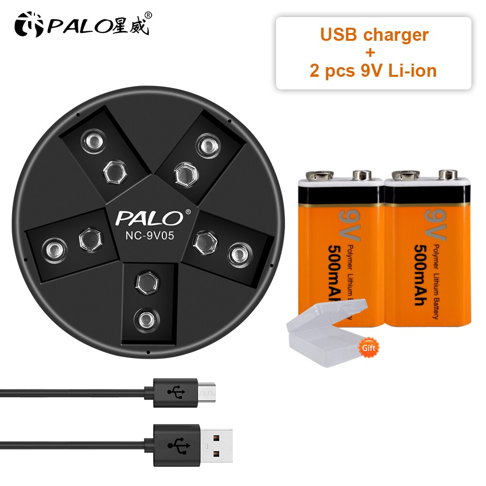 9V battery 6f22 lithium battery li-ion rechargeable battery 9v with 5 slots charger for ni-mh lithium 9v battery: 2pcs and charger