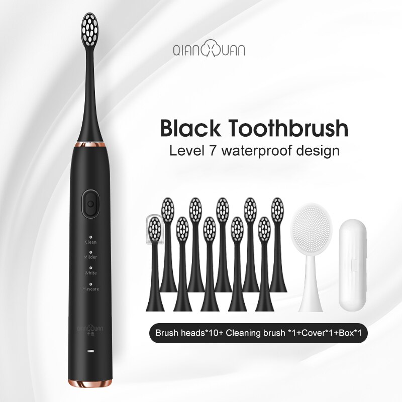 Electric Toothbrush Toothbrush Sonic Ultrasonic Brush IPX7 Waterproof Sonic Toothbrush Recharge Sterilization Anti-bacteria: Black package Three