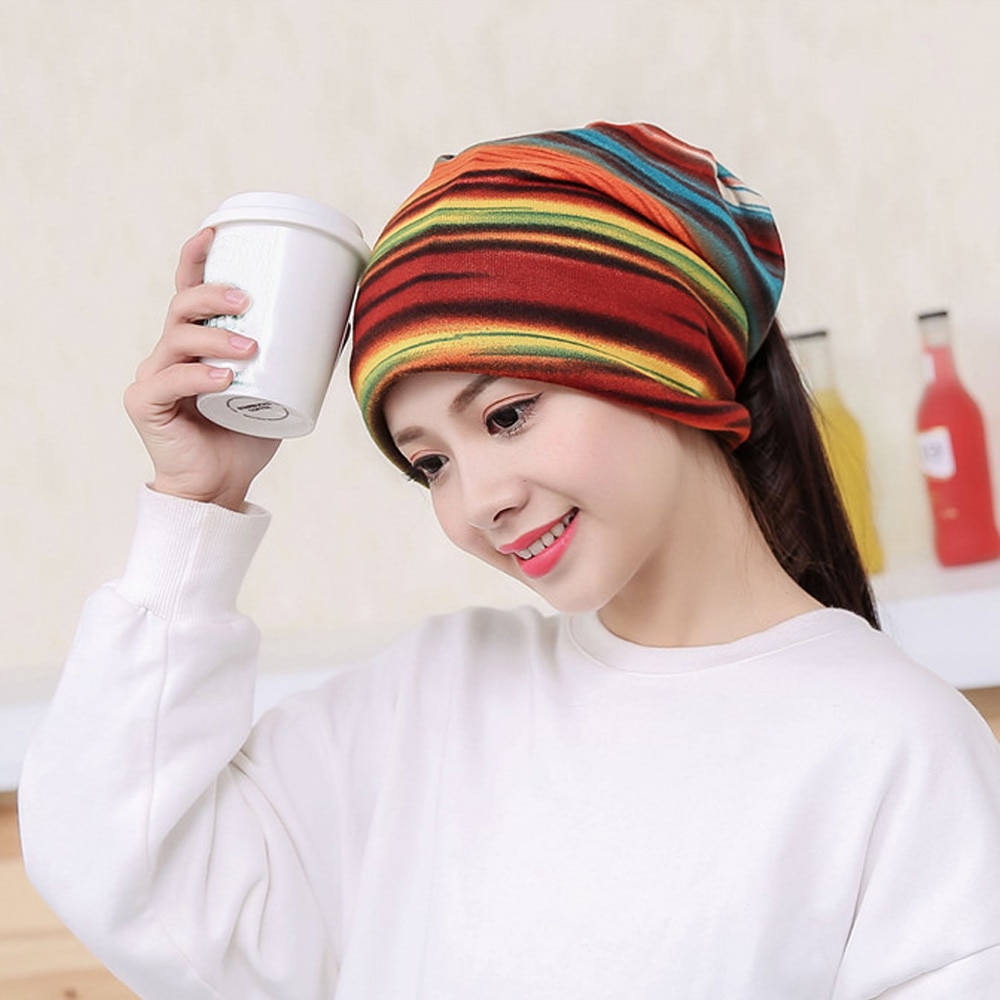 Vrouwen Gestreepte Hoed Ruche Kanker Hoed Beanie Sjaal Kraag Tulband Head Wrap Cap Winter Hoed Voor Vrouwen Mutsen Hoeden Skullies gorros