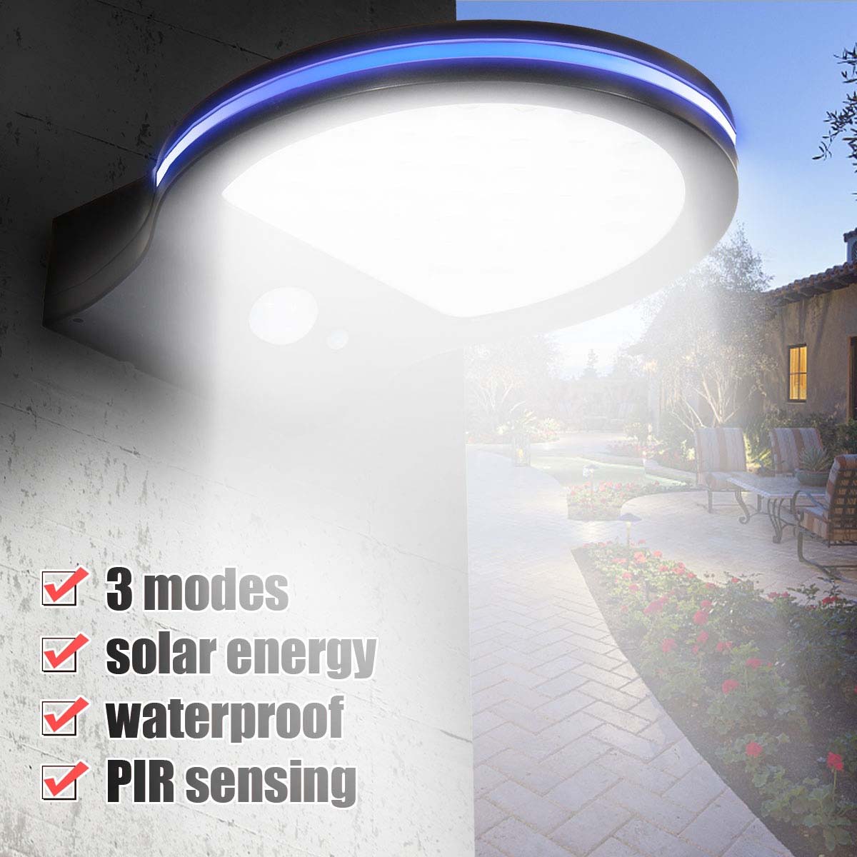 Wit + Blauw Solar Light Led Weerbestendig Zonne-energie Wandlamp Wireless Motion Sensor Beveiliging Licht Voor Outdoor Tuin