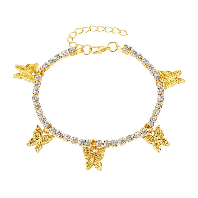 Schattige Kleine Vlinder Charm Enkelband Foot Sieraden Voor Vrouwen Hip Hop Cubaanse Link Chain Iced Out Enkelbandje Vlinder Sieraden: Gold