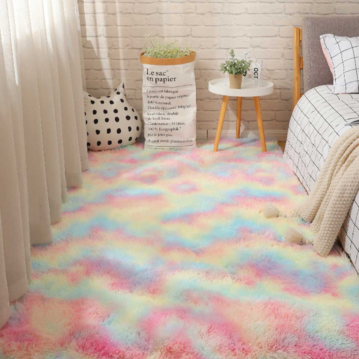 Regnbue fluffede tæpper 80 x 200/100 x 160/140 x 200/160 x 230cm skridsikkert tæppe spisestue gulvtæppe gulvmåtte hjemme soveværelse