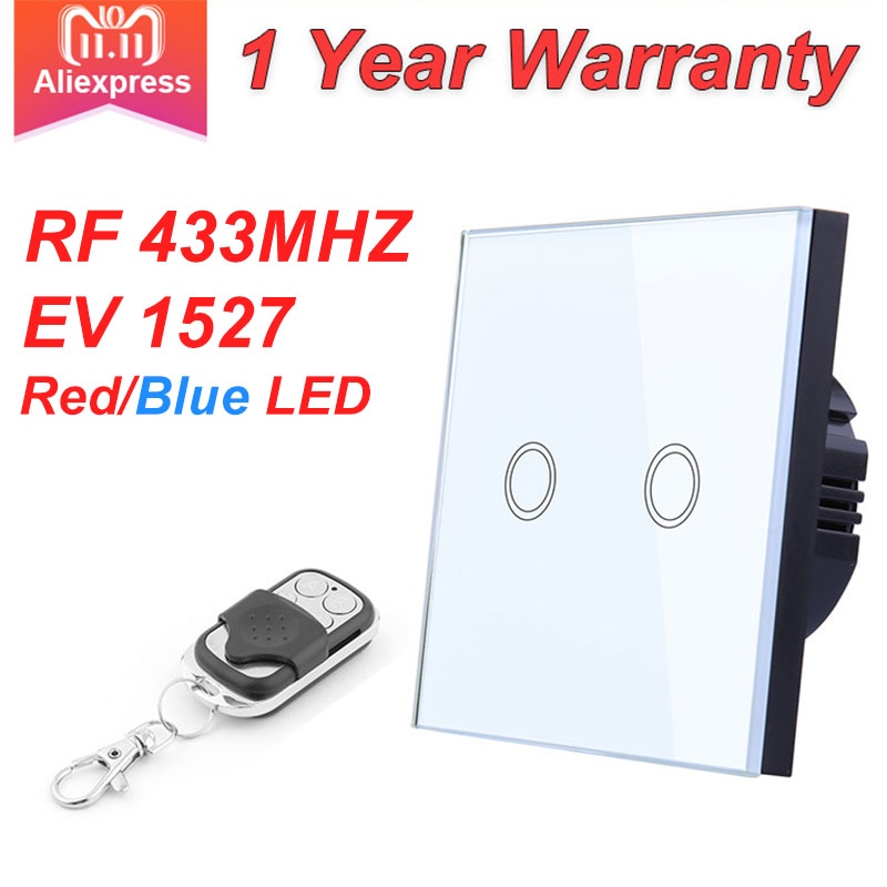 EU Standard VHOME Smart Touch Switch 2 Gang 1 Way,White Crystal Glass Switch Panel Sensor Switch with Wireless RF433Mhz Remote