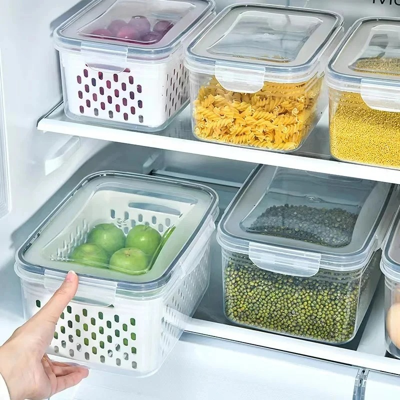 Caja de almacenamiento para refrigerador, cajas selladas de plástico para mantenimiento fresco de frutas y verduras, escurridor, contenedor de almacenamiento de alimentos para cocina y nevera