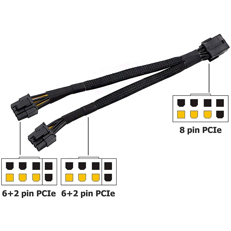 Placa de vídeo de 20cm, 5 peças, 8 pinos fêmea para 2x8p (6 + 2) cabo de extensão de pino macho pcie pci express 18awg