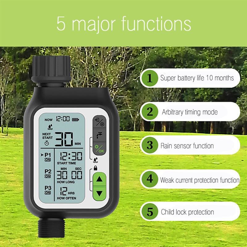 CROSOFMI – minuterie d'arrosage avec 3 programmes d'arrosage séparés et fonction de capteur automatique de pluie, tuyau d'arrosage de jardin et de pelouse, minuterie d'irrigation