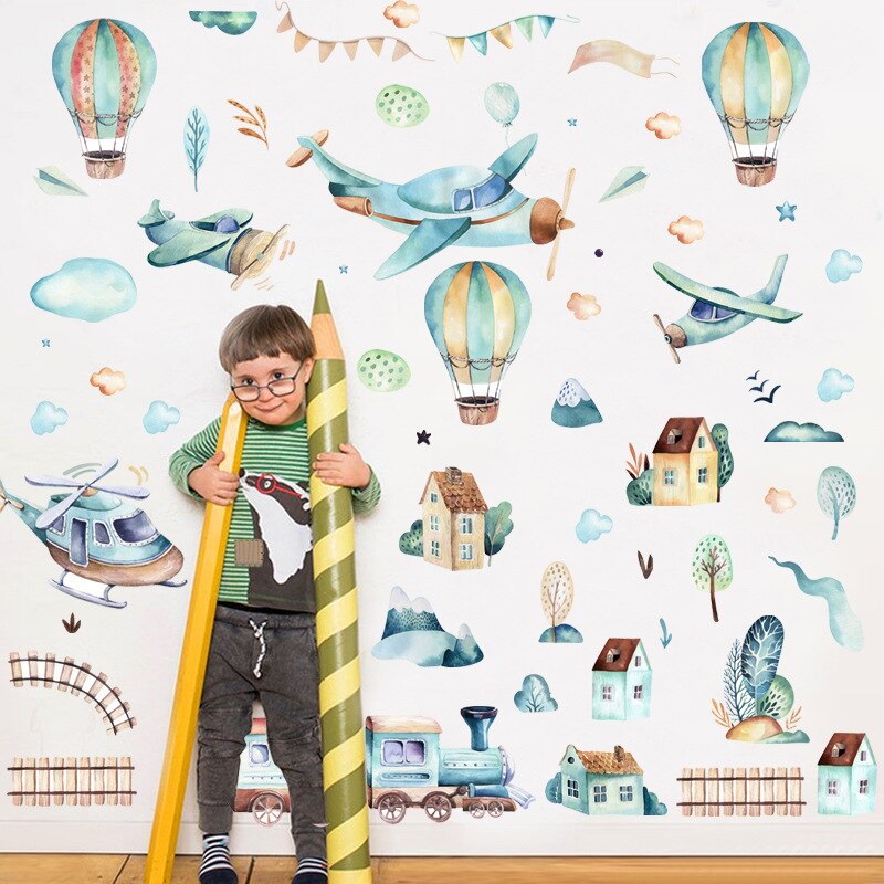 2 Stks/set Diy Handgeschilderde Luchtballon Trein Muursticker Voor Kinderen Kamer Nursery Wanddecoratie Waterdicht jongens Stickers