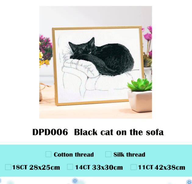Paquet point de croix sur le canapé | Chat noir 18ct 14ct 11ct, tissu, fil de coton brodé couture: WHITE / Cotton thread / 18ct unprint canvas