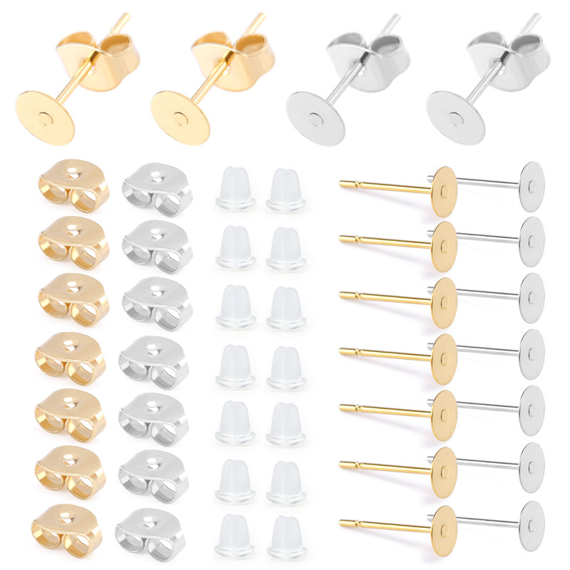 300PCS/Lot 3-6mm Stainless Steel Blank Post Earring Studs Pins Base With Earring Back Stoppers For Earring Making Supplies DIY