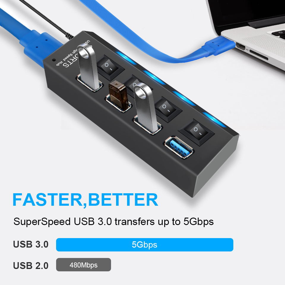 Usb 3.0 Hub Usb 2.0 Hub Multi Usb Splitter 4/7 Poort Expander Voor Pc Meerdere 3 Hab Gebruik Power Adapter USB3.0 Hub Met Schakelaar