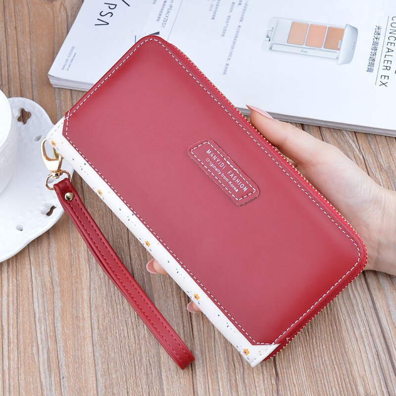 Dames portemonnee lange portemonnee rits handtas koreaanse eenvoudige contrasterende kleur portemonnee grote capaciteit zachte leren mobiele telefoon tas: Rood