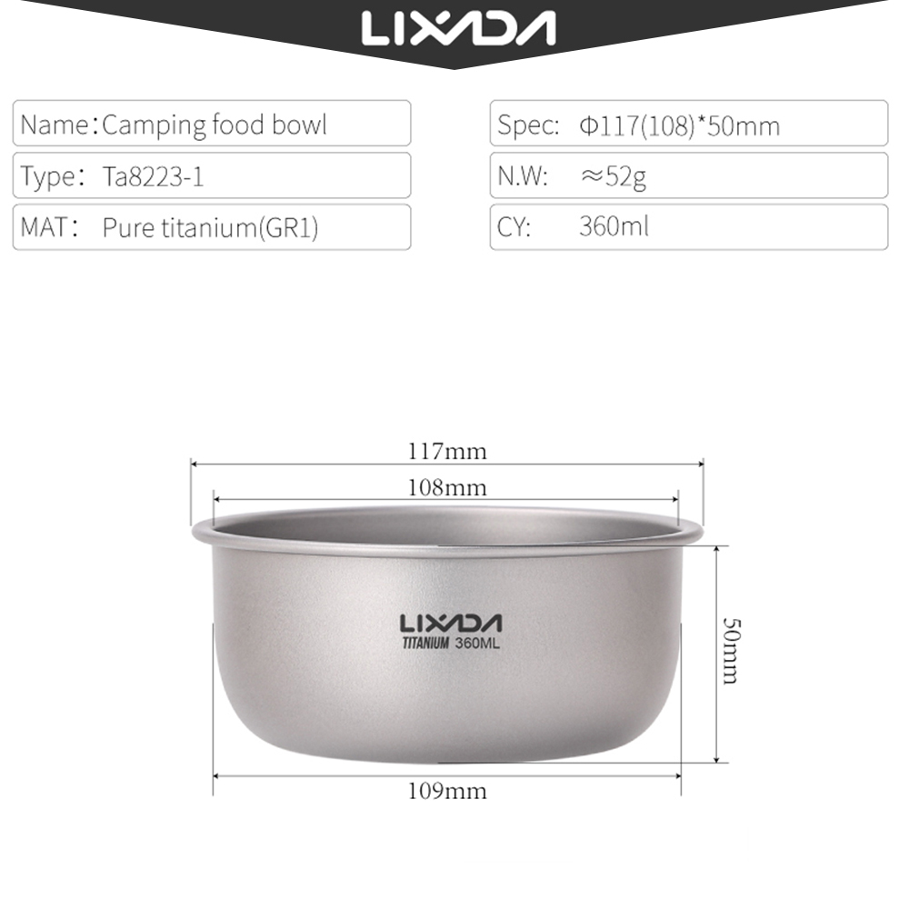Lixada – bols de Camping en titane, casserole de fruits et légumes, assiette de dîner, récipient de nourriture pour la maison, Camping en plein air, randonnée pique-nique: 360ml