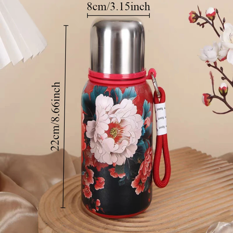 Retro and Bustling High-value Insulated Cup with Rose Pattern Double-layer Water Cup Car Portable Drawstring Stew Cup: Red