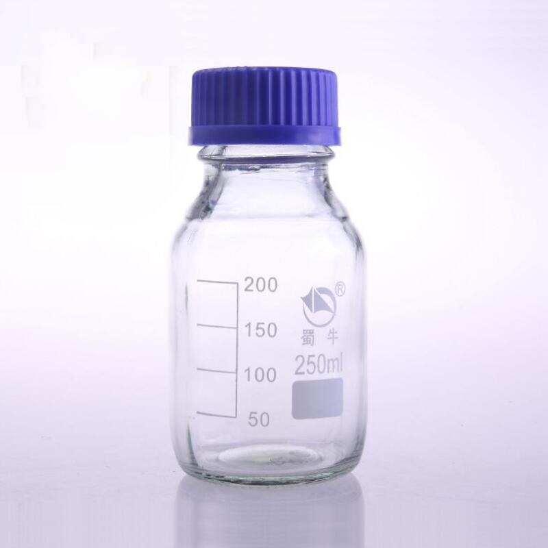 250ml Graduated Round Glass Reagent Bottle Blue Screw Cap Screw On Cover Graduation Sample Vials Plastic Lid