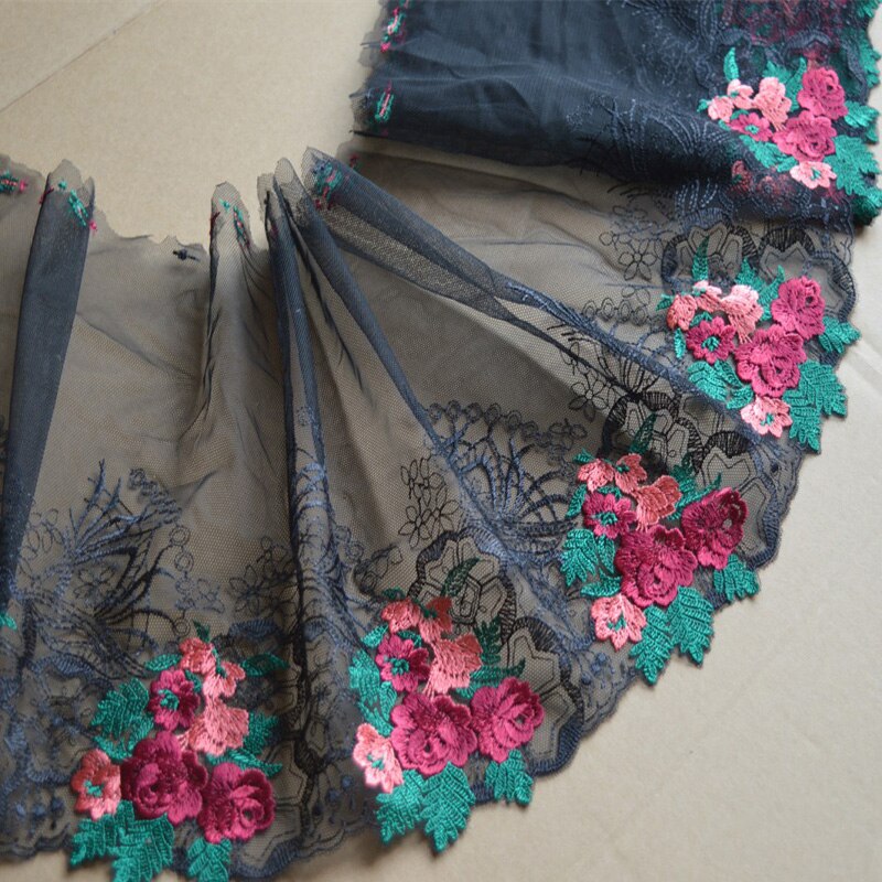 2yds/Lot 23Cm Brede Zwarte Mesh Roze Groen Gemengde Bloemen Borduren Kant Trim Voor Kleding Bruiloft, onderpakken