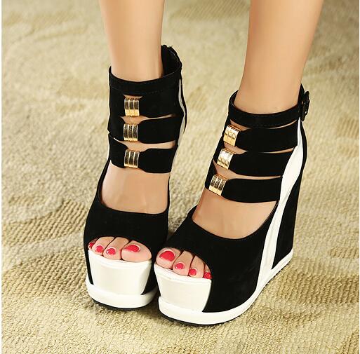 Kvinna skor sommar äkta kvinnor plattform tjocka sulor sandaler kilar högklackat 14cm peep toe blandade färger sexiga skor: Vit / 35