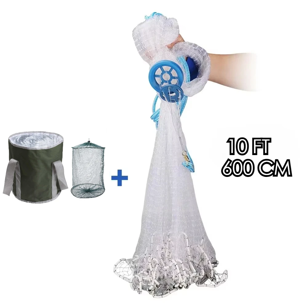 Rete da pesca americana in acqua salata con piombo in zinco e secchio impermeabile 3/4/5/6/7/8/9/10Ft raggio lancio rete da pesca trappola per esche: Blu