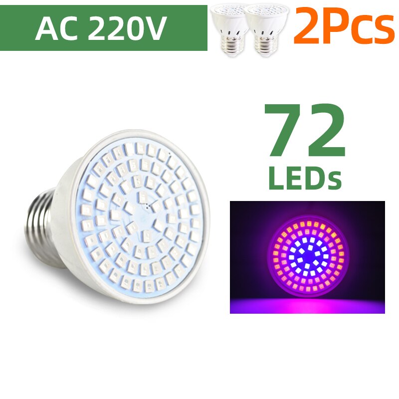 Kps Led Grow Light E27 Lampada Led Grow Lamp Volledige Spectrum 4W 30W 50W 80W Indoor plant Lamp Ir Uv Bloeiende Hydrocultuur: 2pcs Grow 220V 72LED / 220v