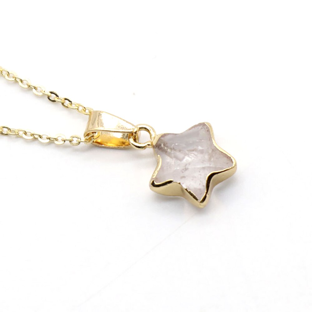 Natural Stone Rose Quartz Jade Gilt Pentagram Pendant Necklace Clavicle Chain For Jewelry MakingDIY Accessory Gem Charms Gift1PC: Clear Quartz