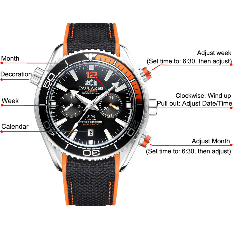 PAULAREIS P, reloj mecánico automático de lujo para hombre, correa de goma, resistente al agua, fecha luminosa, relojes de para hombre
