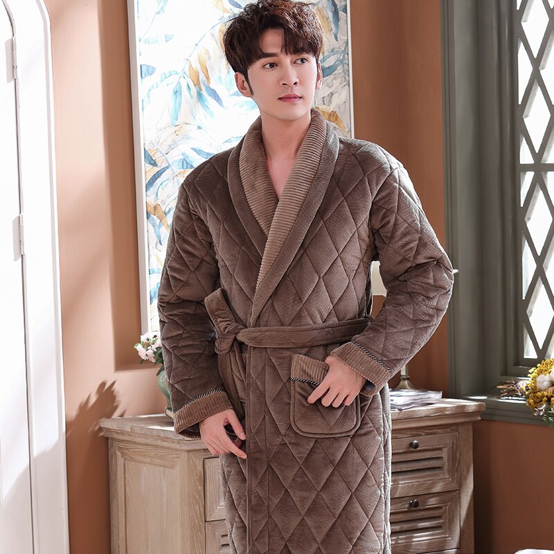 Albornoz acolchado alargado de felpa para hombre, ropa de casa de manga larga, bata gruesa, ropa de invierno, 3XL: XXXL