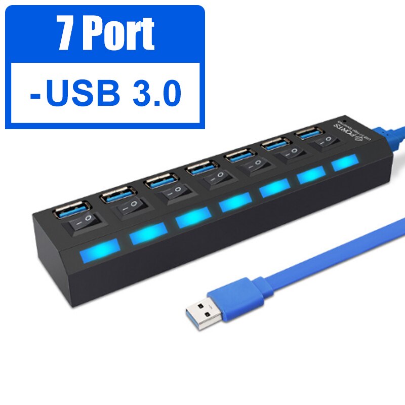 YTOM HUB USB 3,0 de 2,0 HUB Splitter USB Multi 4/7 expansor de Puerto múltiples USB 3 Hab uso adaptador de alimentación de USB3.0 con interruptor para PC: 7 port 3.0