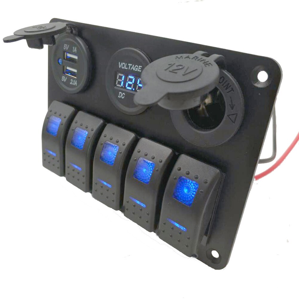 5 Gang Switch Panel Dual USB Wiring Kits DC12V~24V Power Socket Marine Boat Car Switch Panel