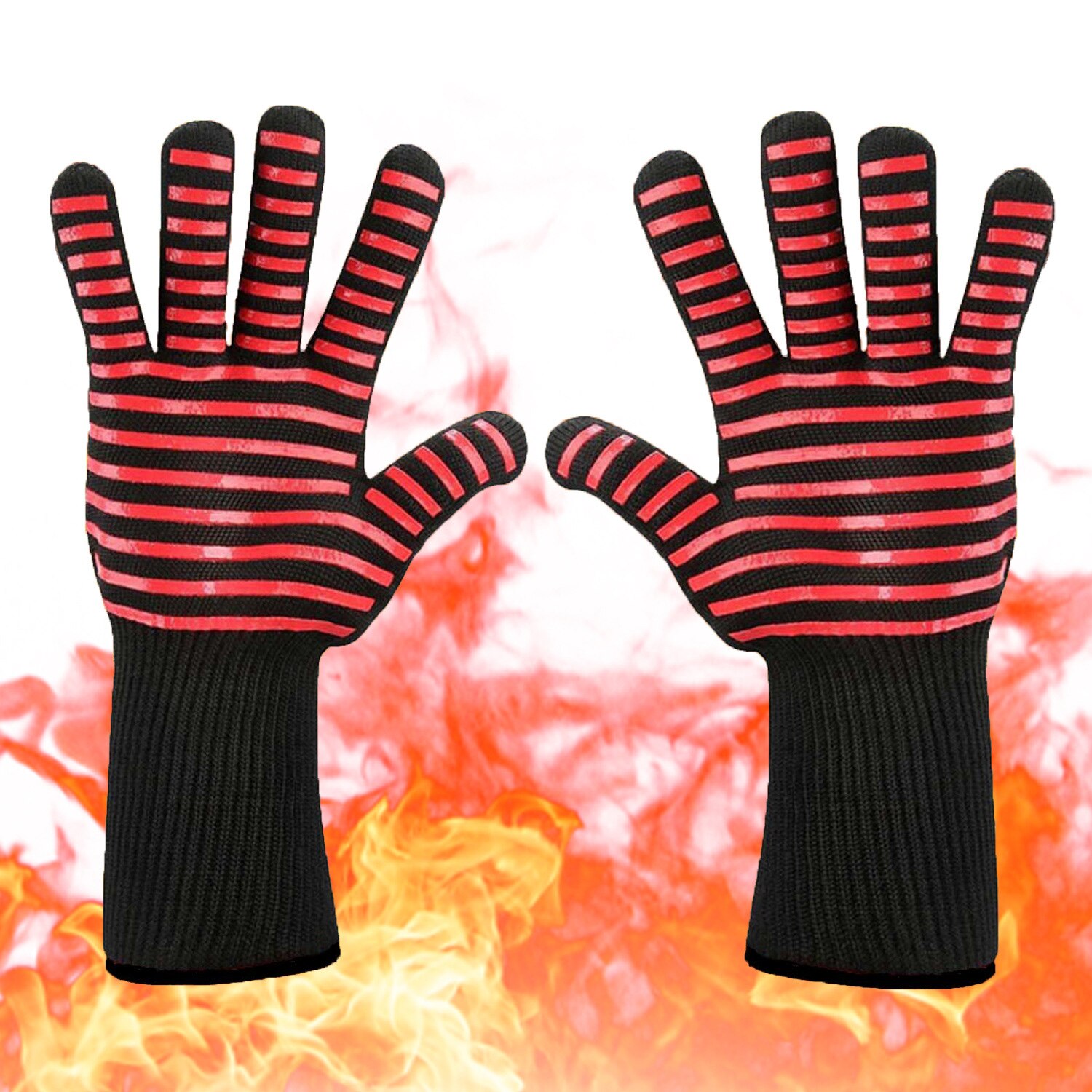 1 par bagewere ovnhandsker handsker bbq silicium handsker høj temperatur anti-skoldning 500/800 graders isolering grill mikroovn: Rød stribe