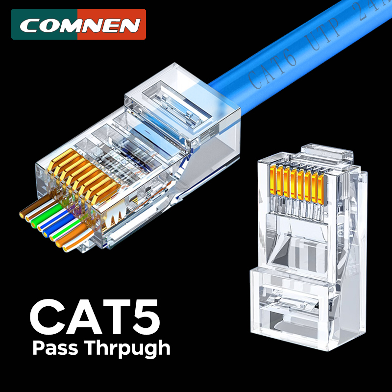 COMNEN CAT5E RJ45 Modular Plug Connector UTP Pass Through RJ45 Ethernet Connectors Crystal End Gold-Plated 8P8C Crimp Ethernet