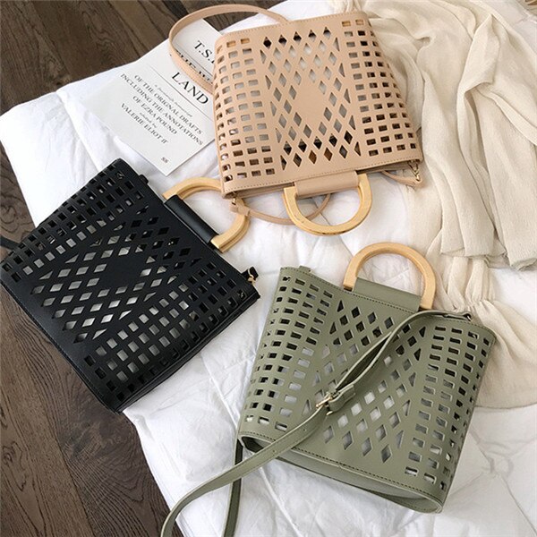 DIGERUI femmes sacs sacs à main évider plage sac Bolsa Feminina bois poignée fourre-tout sac à bandoulière en cuir synthétique polyuréthane sacs à main: Random
