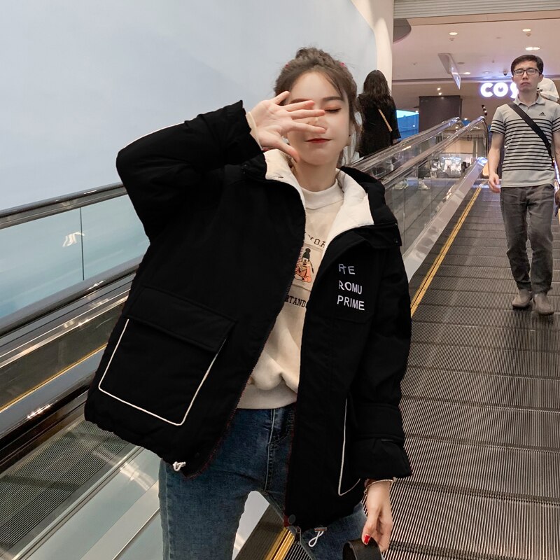 Chaqueta de Invierno Mujer Parka abrigo corto Mujer coreana Parkas con capucha chaquetas para Mujer Abrigos Mujer Invierno 8902-3 YY1488: black / XL