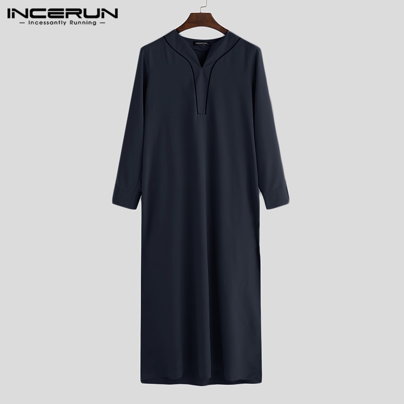 INCERUN męskie ubrania muzułmańskie Jubba Thobe z długim rękawem V Neck Casual Arabia saudyjska mężczyźni szaty Abaya dubaj Thobe arabski islamski Kaftan