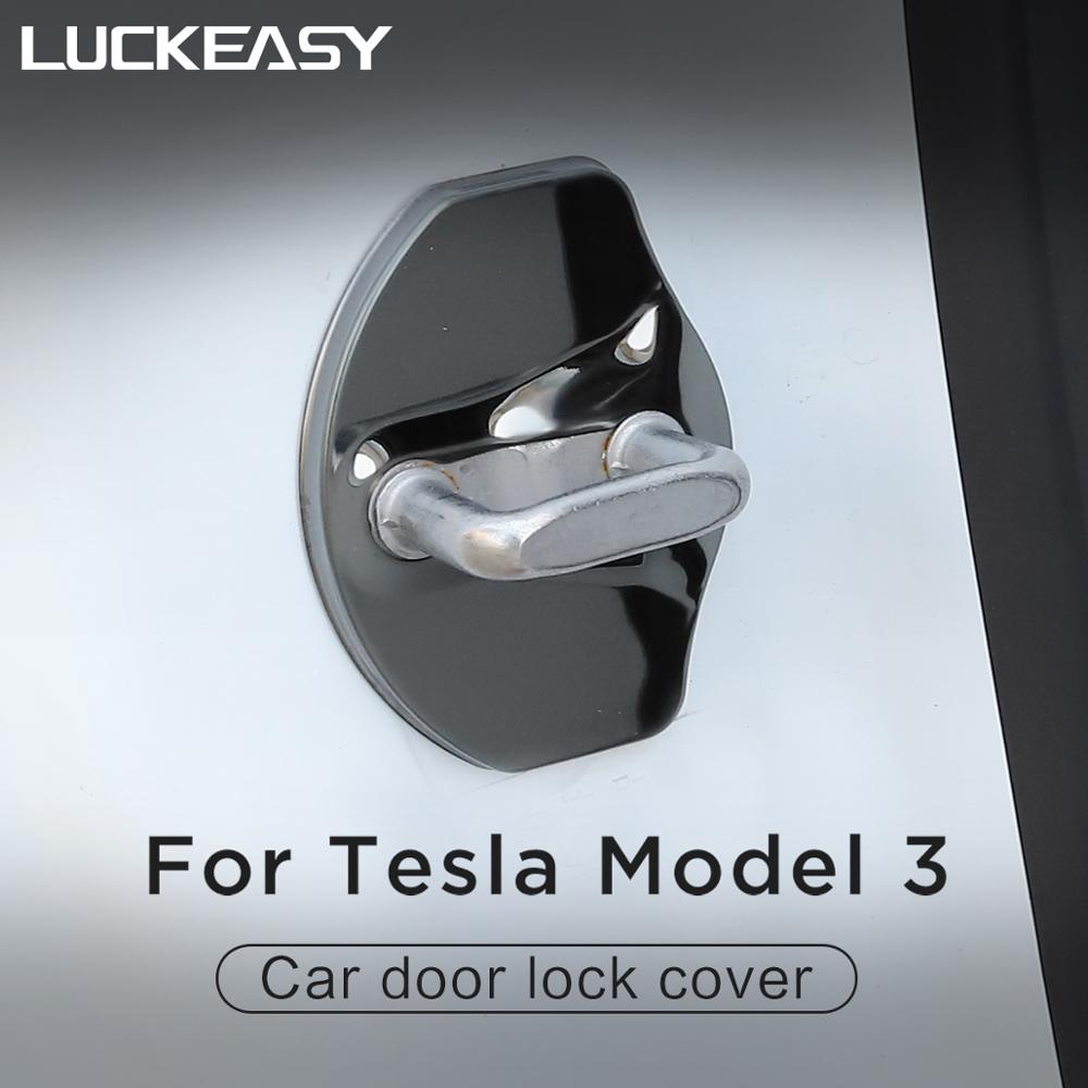 LUCKEASY Door door lock stainless steel protective cover for Tesla Model 3 Imitation carbon fiber / black 4pcs / set