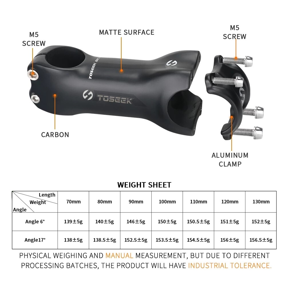 TOSEEK Super Light Full Carbon Fibre Bicycle Stem Bike Parts Matte Angle 6 / 17 Degrees Length 70/80/90/100/110/120/130mm