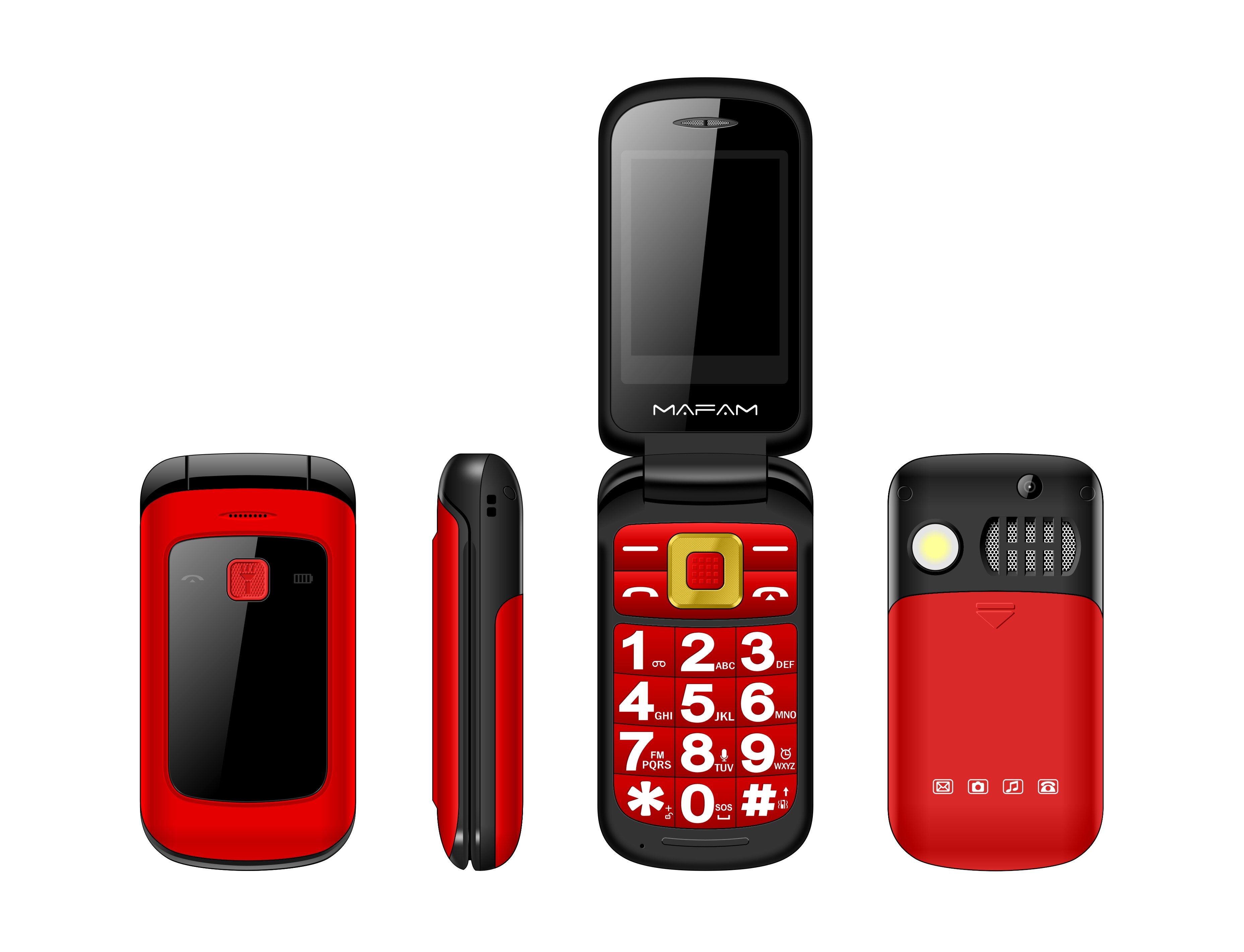 Flip senior mobiele telefoons dock oplader sos oproep snel bellen magisch stemspel groot toetsenbord zaklamp: Standaard / Rood