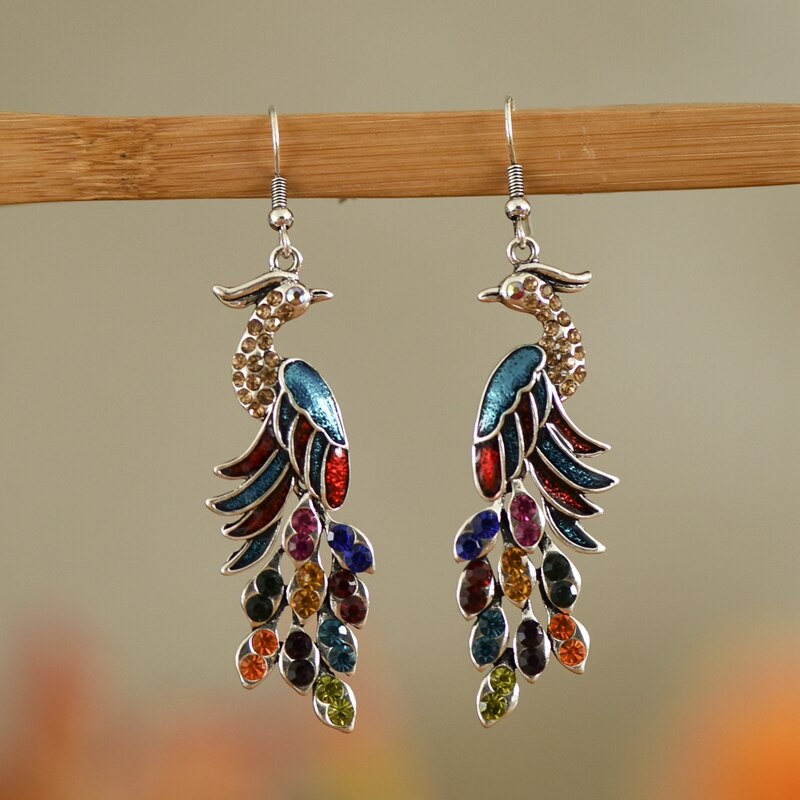 Niebieski Rhinestone etniczne kolczyki paw indyjska biżuteria w stylu Vintage srebrny kolor kryształu dynda wiszące kolczyki dla kobiet Pendientes: Multicolor