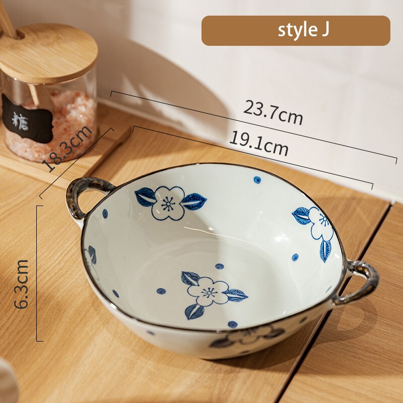 7.5 tommer japansk husholdnings nudelskål keramisk suppeskål med håndtak salat pastaskål kjøkken servise mikrobølgeovn baketøy: J