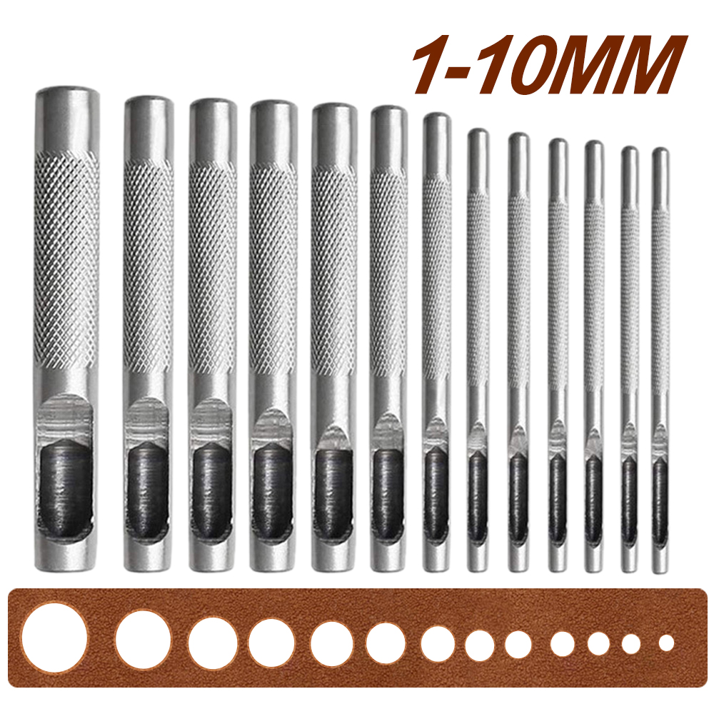 Round Leather Shape Hole Punch Kit Belt Hollow DIY Punch Set Metal Cutter Tool 1-10MM for Watch Band Craft Clothing Canva Paper