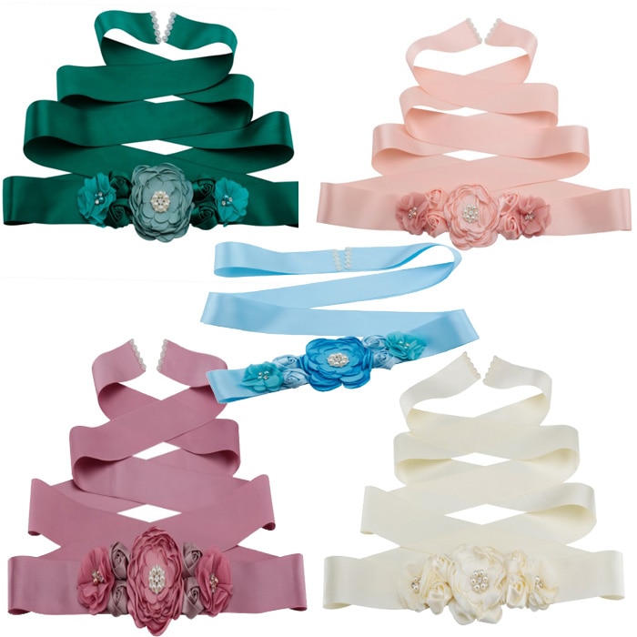 Cinturones de cintura de color verde esmeralda y melocotón para mujer y niña, cinturón largo de flores, pretina nupcial para boda, accesorios de vestido de