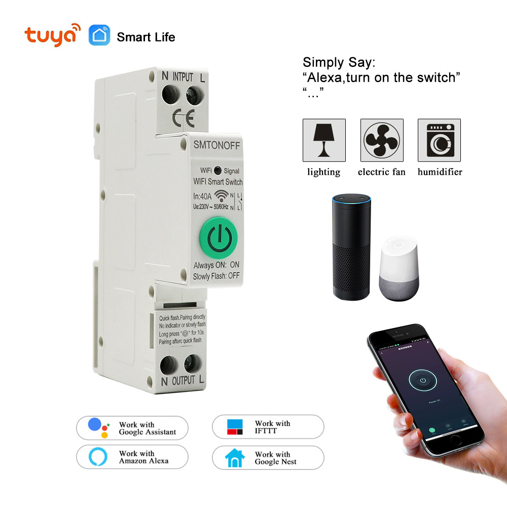 Disyuntor WiFi de Riel Din, interruptor inteligente con temporizador, relé, Control remoto por aplicación tuya con voz de Smart Home, Alexa y Google Home